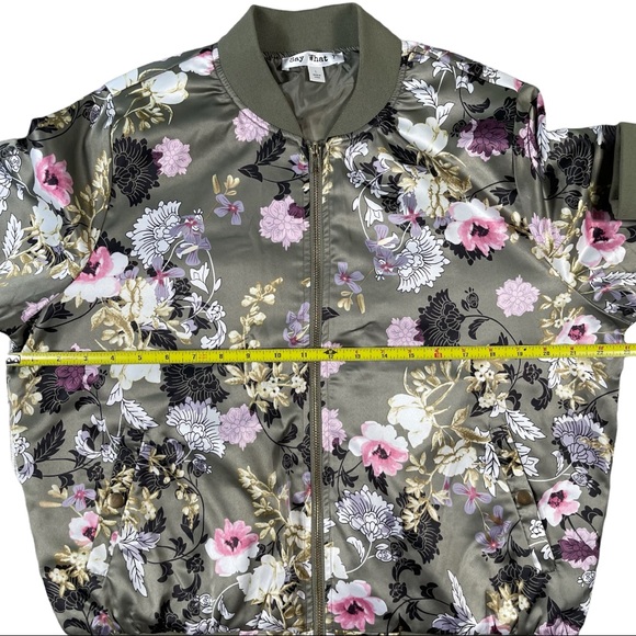 Say What? Size large sage green floral print lined silky zip up bomber jacket - Picture 9 of 13